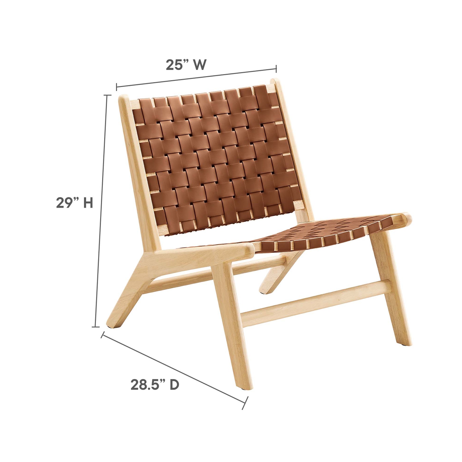 Natural wood lounge chair with brown woven leather strap seat and back, mid-century modern style.