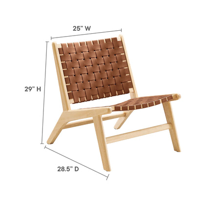Natural wood lounge chair with brown woven leather strap seat and back, mid-century modern style.