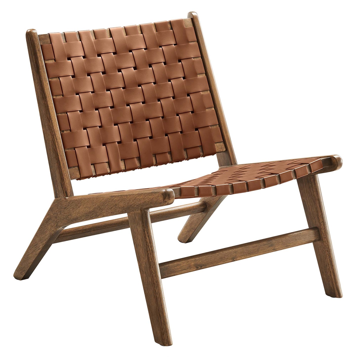 Walnut wood-frame lounge chair with tan-brown woven leather seat and backrest, mid-century modern style.