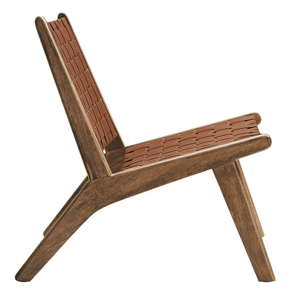 Walnut-brown wooden lounge chair with woven leather strap seat and backrest.