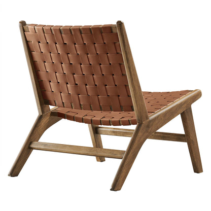 Mid-century walnut-finished wooden lounge chair with brown leather woven seat and back.