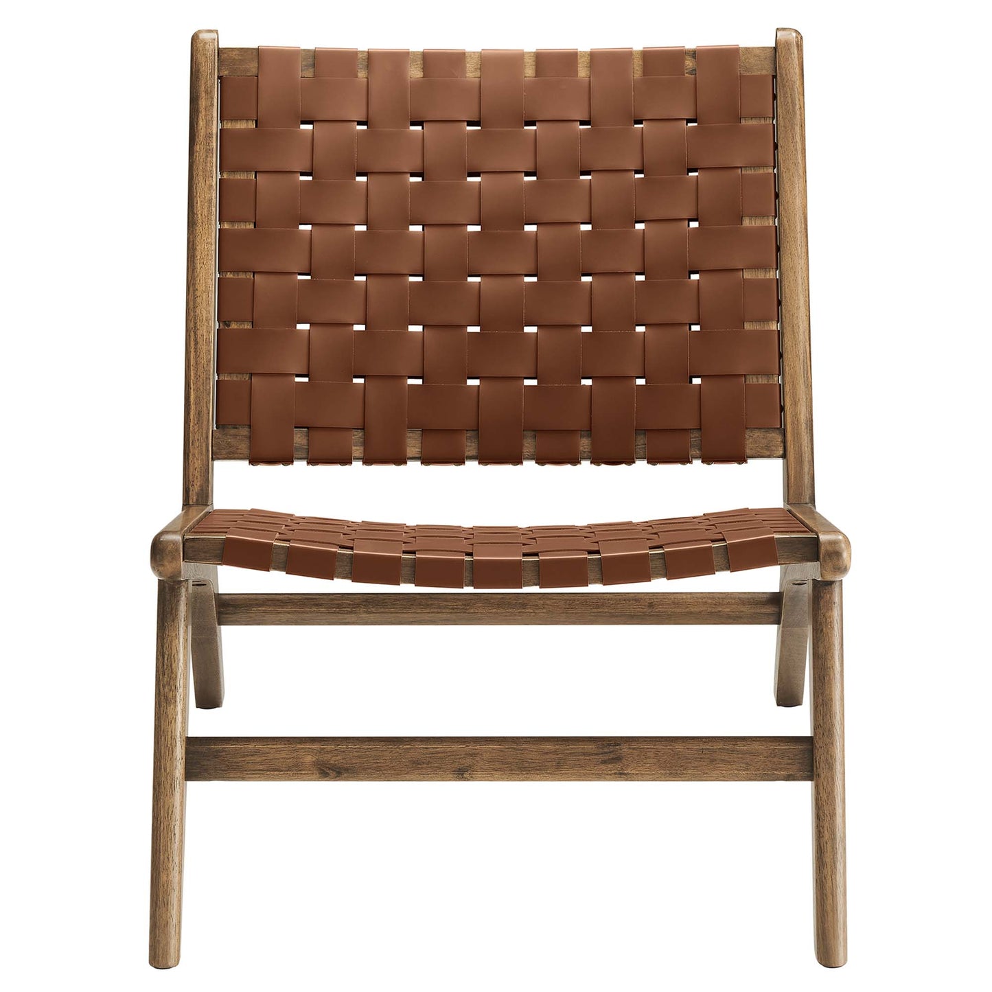 Wooden-framed lounge chair with brown woven leather seat and backrest in a mid-century style.