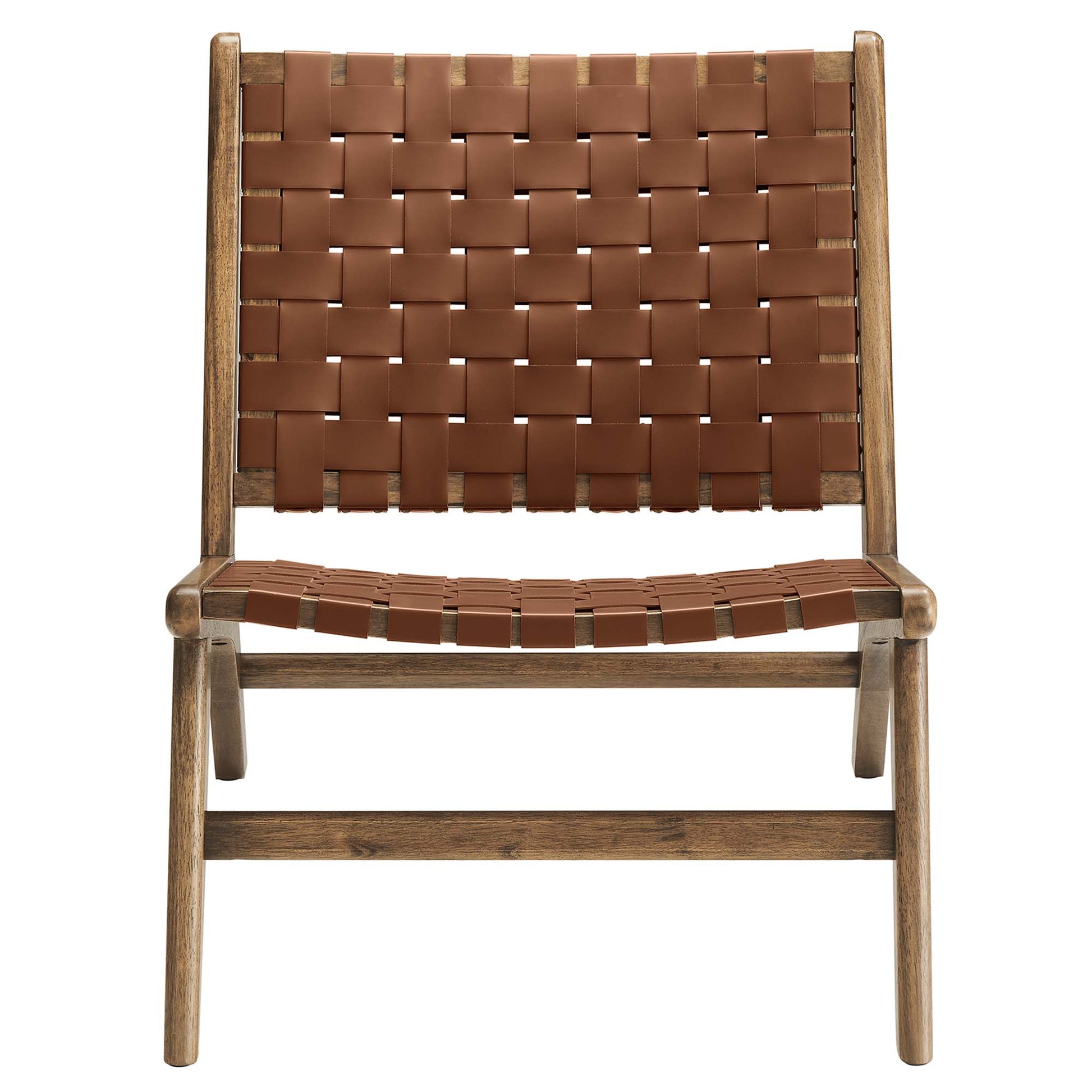 Wooden-framed lounge chair with brown woven leather seat and backrest in a mid-century style.