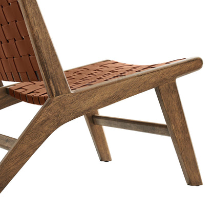 Walnut-finished wooden lounge chair with brown woven leather seat and backrest, mid-century modern style.