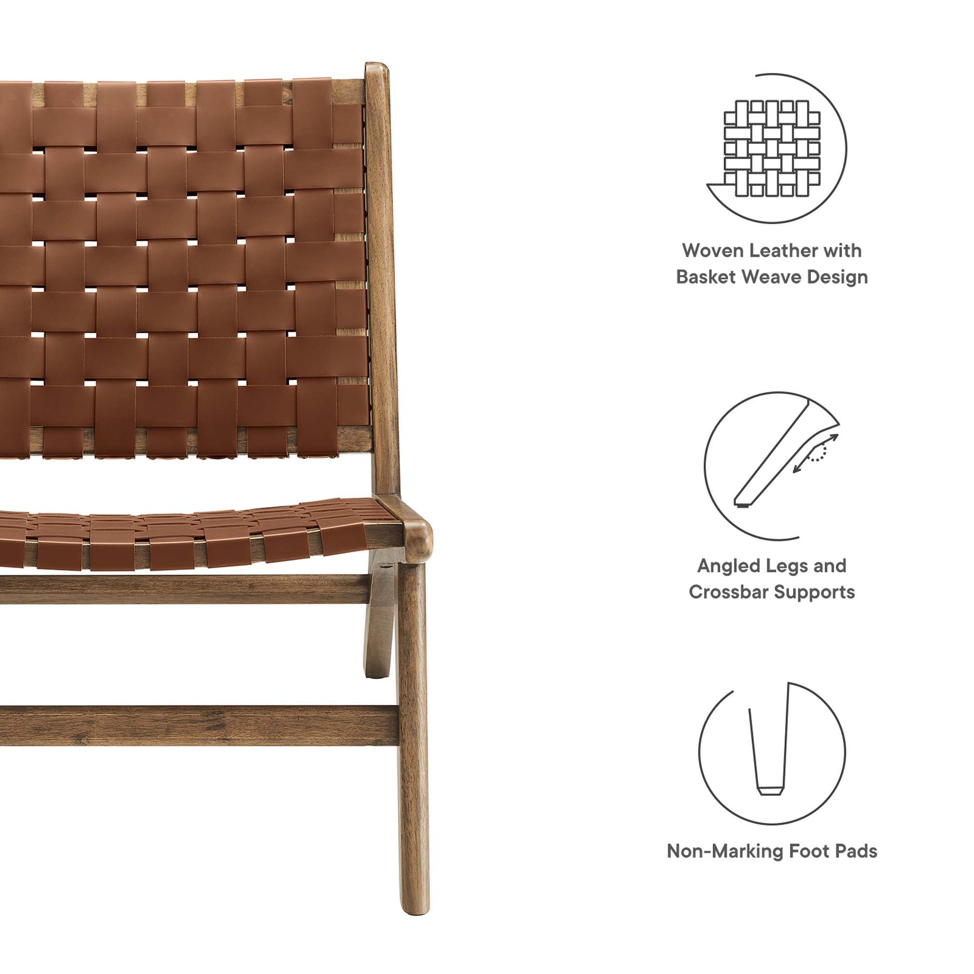 Brown woven leather basket-weave chair on wooden frame with angled legs and crossbar supports.