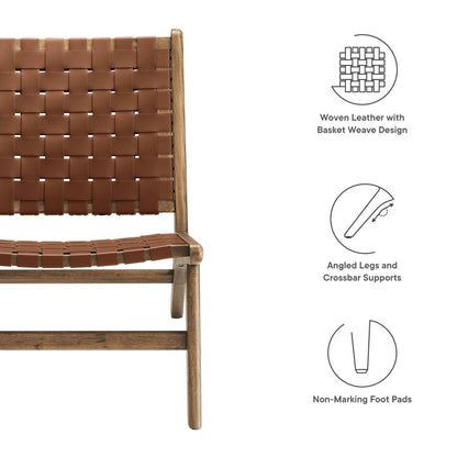 Brown woven leather basket-weave chair on wooden frame with angled legs and crossbar supports.