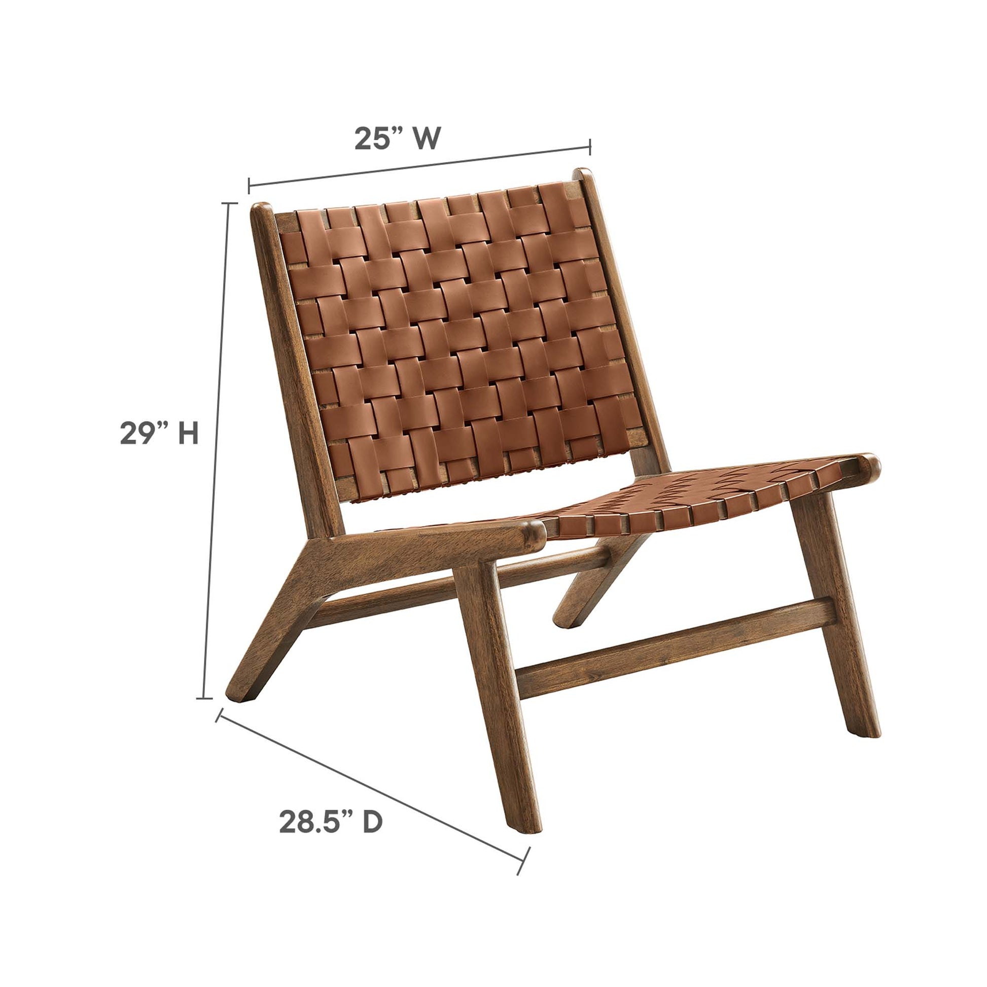 Walnut-finish wood frame lounge chair with brown woven leather seat and back, mid-century modern design.
