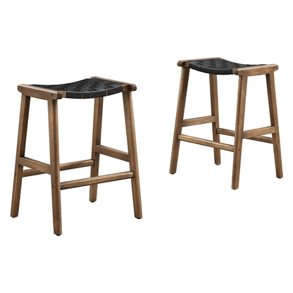 Pair of walnut-finished wooden counter stools with black faux leather seats and crossbar supports.