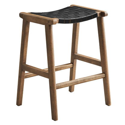 Natural wood counter stool with black faux leather seat and crossbar supports, set of 2.