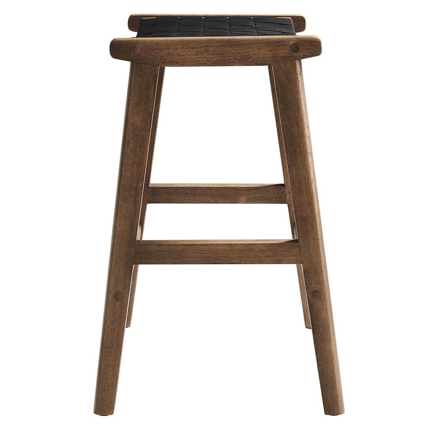 Walnut-stained wooden counter stools with black faux leather seats, angled legs and lower crossbars, set of 2.