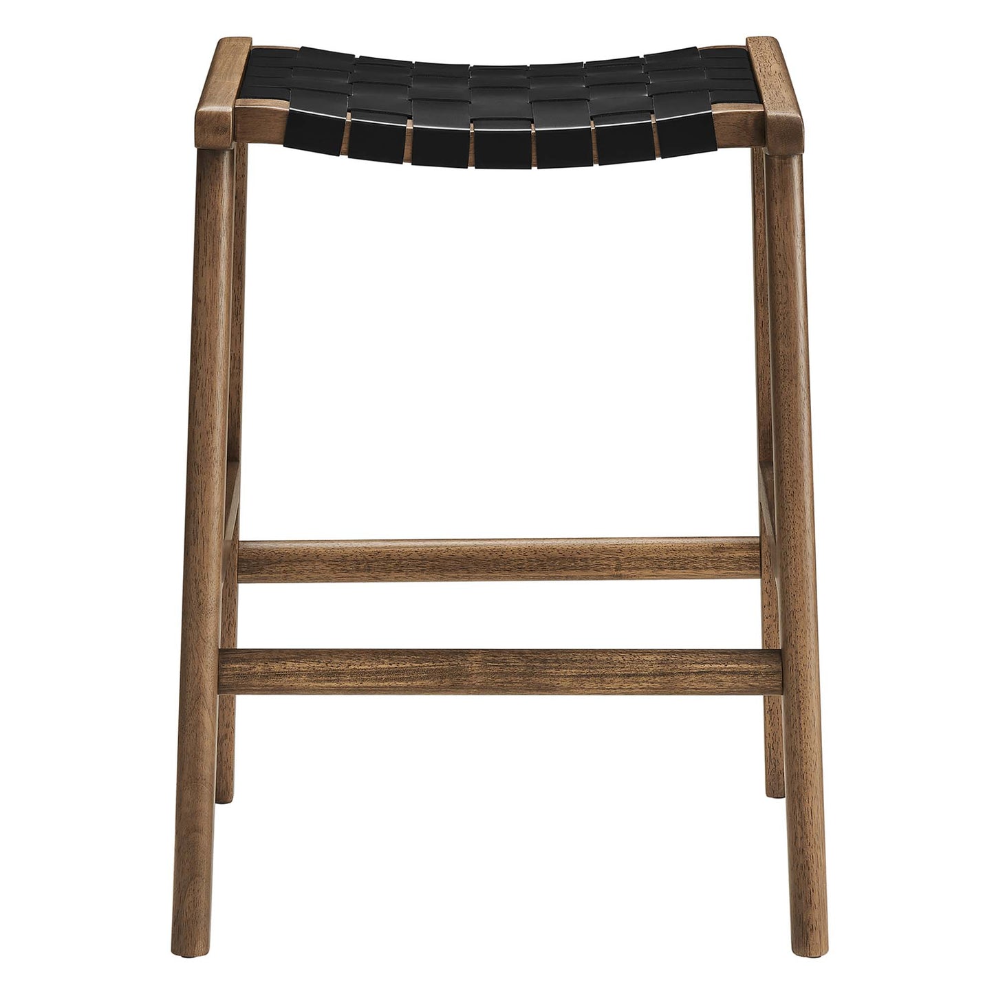 Walnut-finish wood counter stool with a black faux-leather seat and a sturdy four-legged frame.