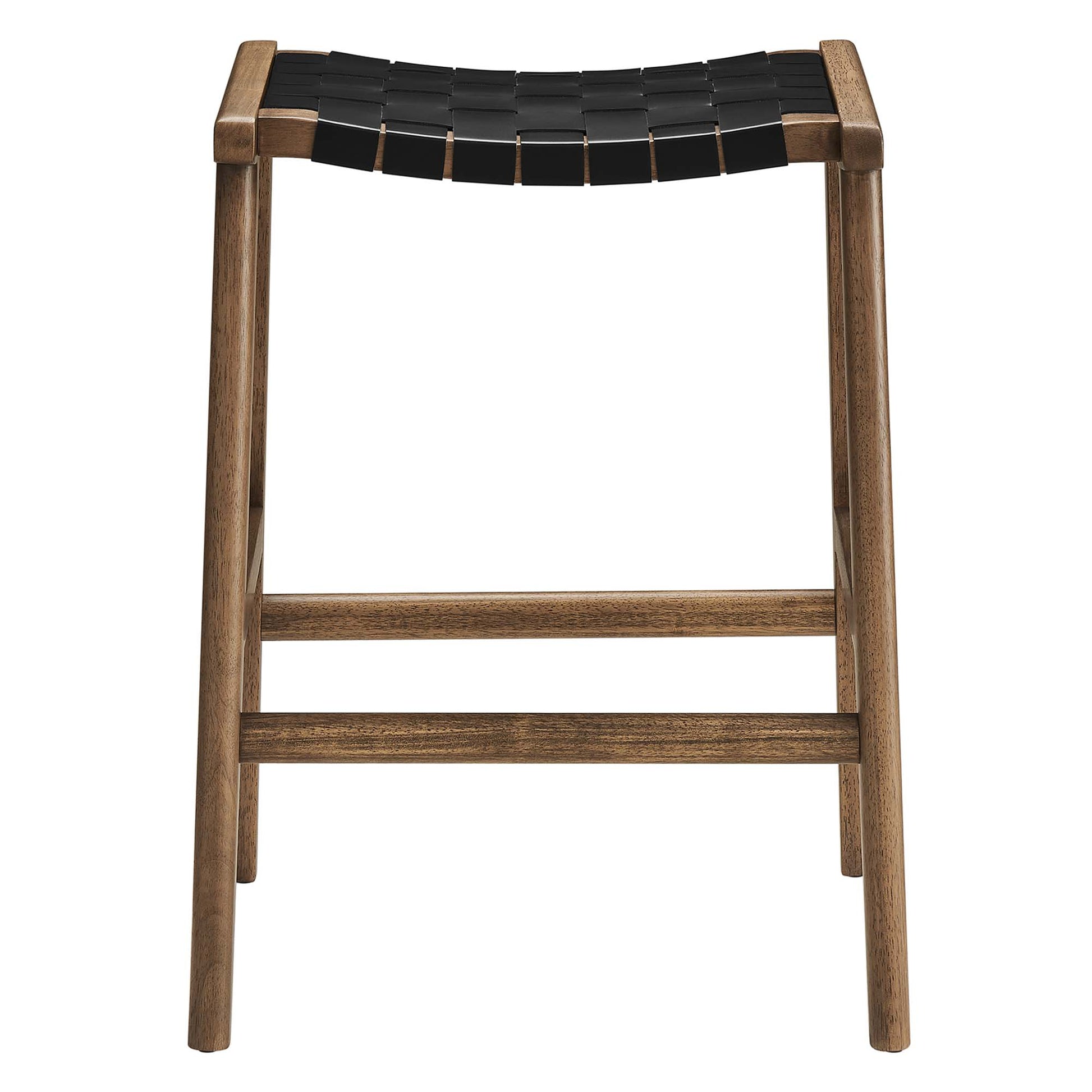 Walnut-finish wood counter stool with a black faux-leather seat and a sturdy four-legged frame.