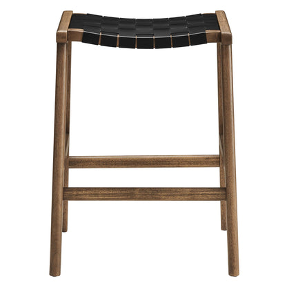 Walnut-finish wood counter stool with a black faux-leather seat and a sturdy four-legged frame.