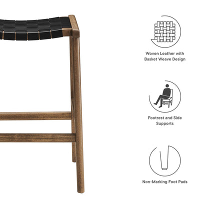 Walnut wood frame with black faux leather basket-weave seat; includes footrest, side supports, & non-marking feet; counter stool.