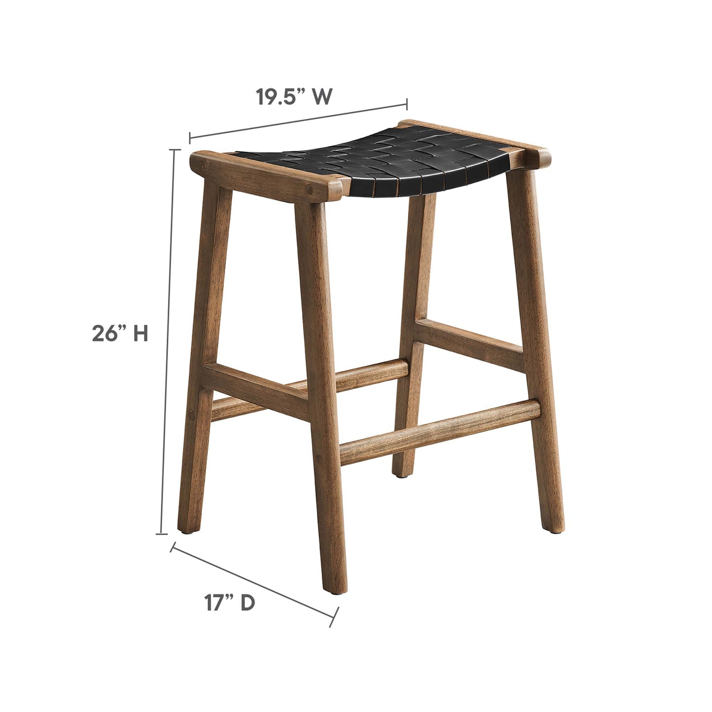 Walnut wood counter stool with a black faux leather seat, 26in tall, 19.5in wide, 17in deep, with footrest crossbars.