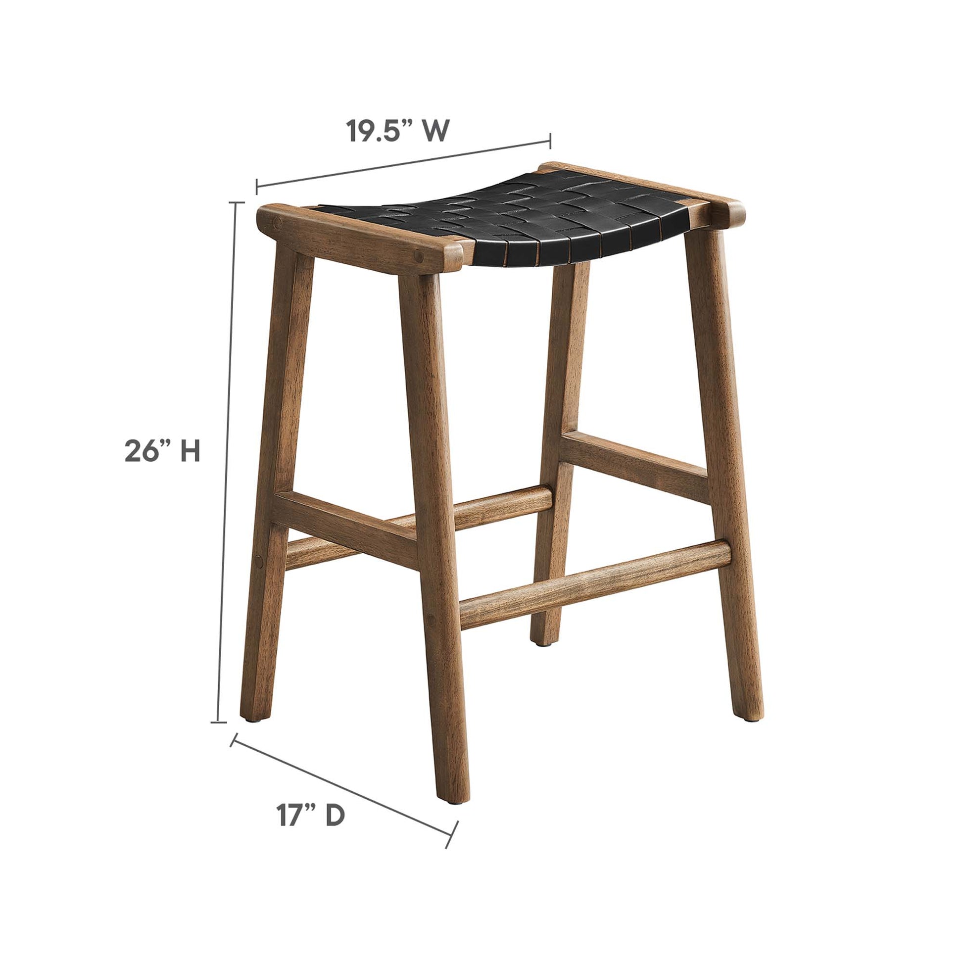 Walnut wood counter stool with a black faux leather seat, 26in tall, 19.5in wide, 17in deep, with footrest crossbars.