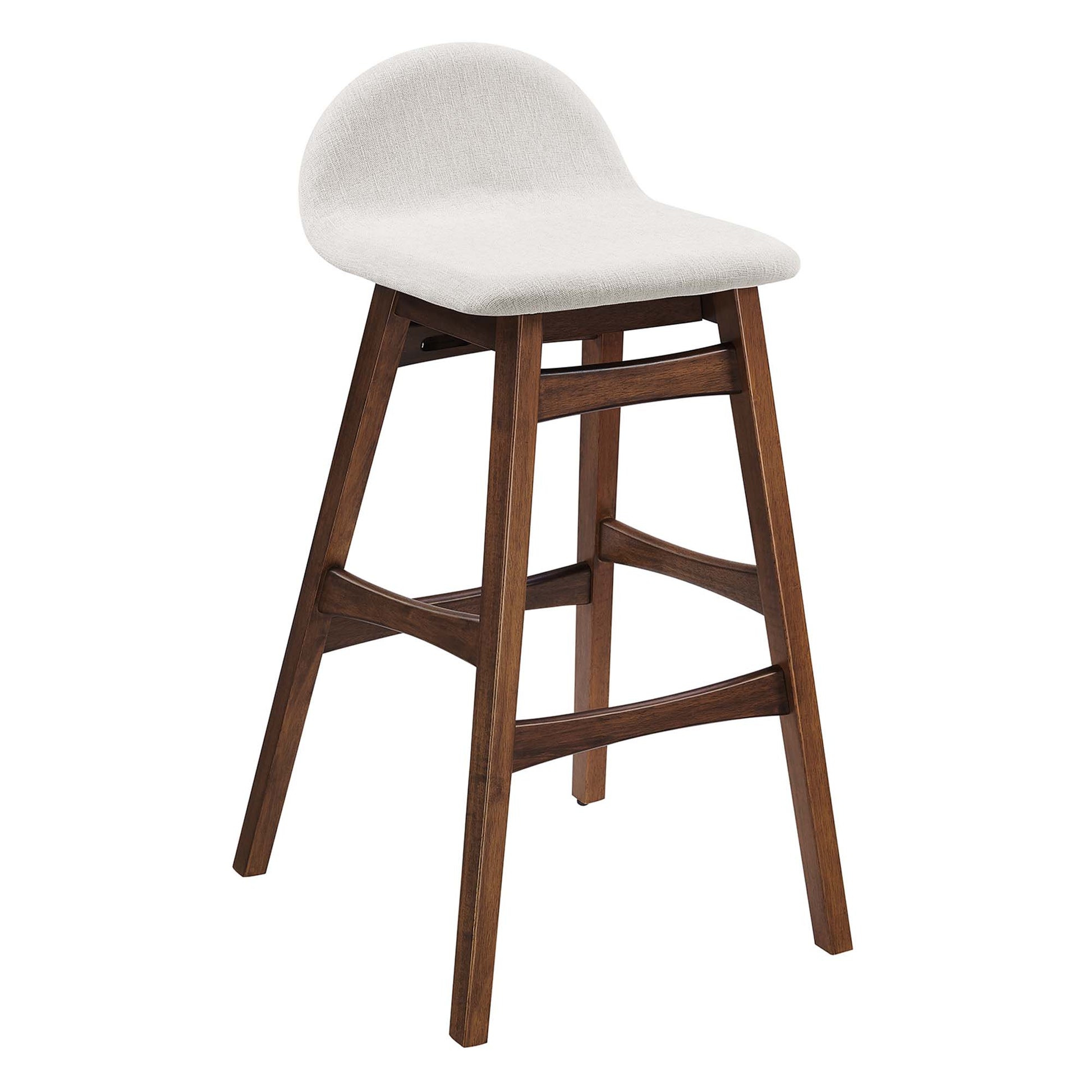 White wood bar stools with cream curved upholstered seats and backs, ladder-style legs and footrests, set of 2
