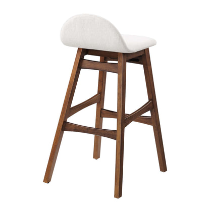 White wood bar stool set of 2 with light beige upholstered curved seat and back, angled legs and footrest.
