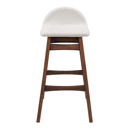 Dark wood ladder-style bar stool with a rounded white upholstered seat and three footrests, set of 2.