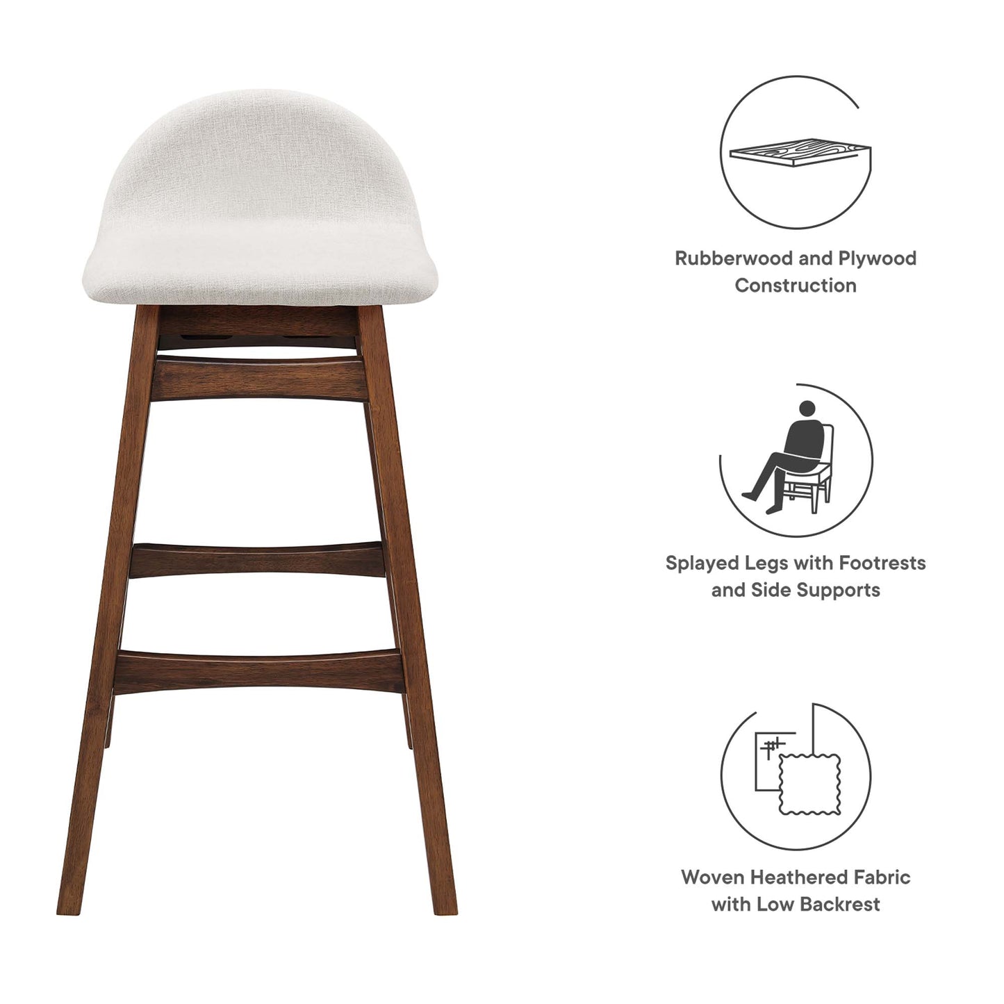 Bar stool in rubberwood with warm brown frame, ivory woven fabric cushion, low backrest, splayed legs and footrests.