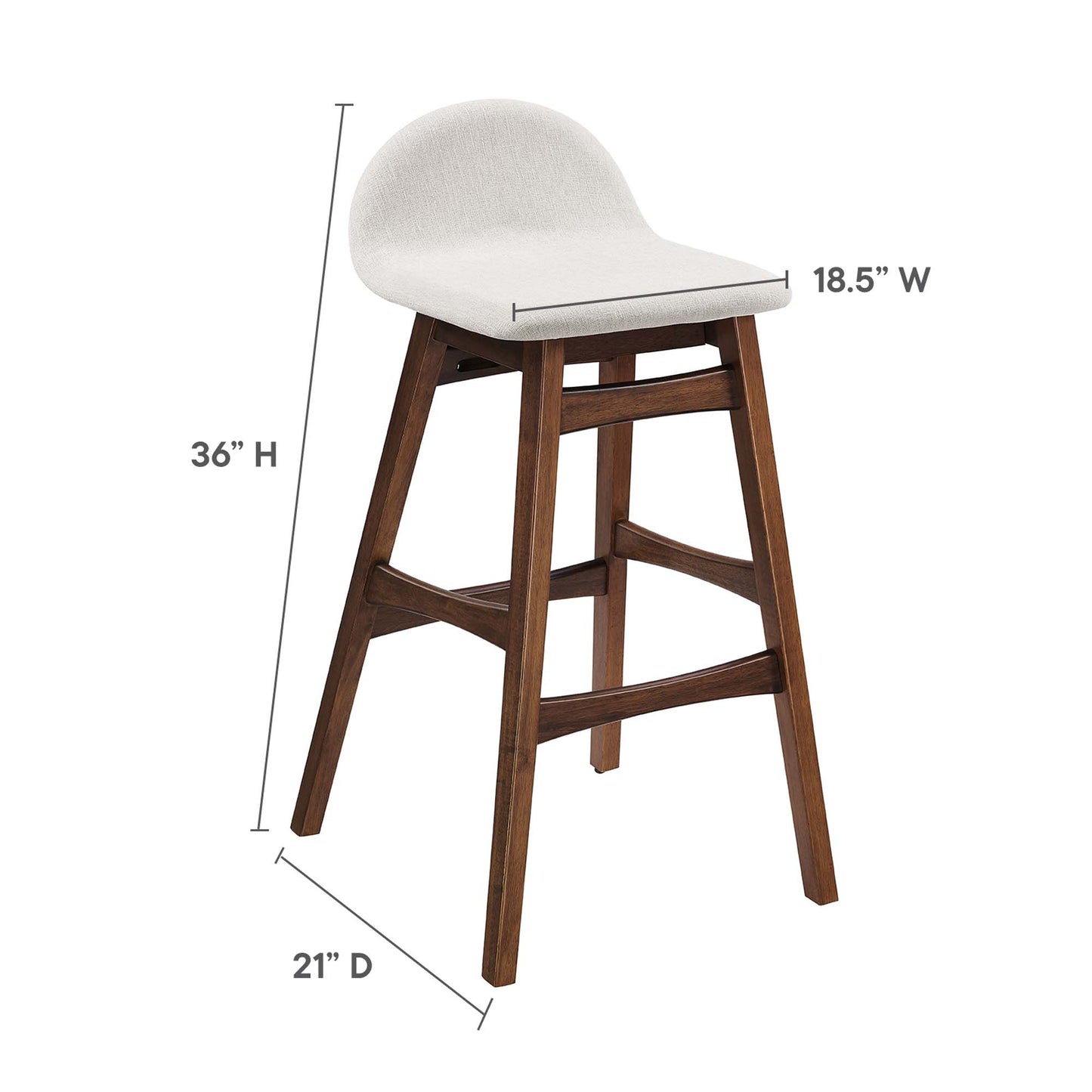 Wood bar stool with white upholstered curved back, dark stained legs, ladder footrest; 36 in high, 18.5 in wide seat, 21 in deep.