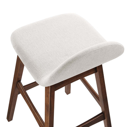Mid-century wooden bar stools with dark brown legs and white upholstered curved seats (set of 2).
