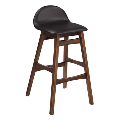 Brown wooden bar stools with black padded curved seats and integrated backrests, set of 2, featuring four legs and footrests.