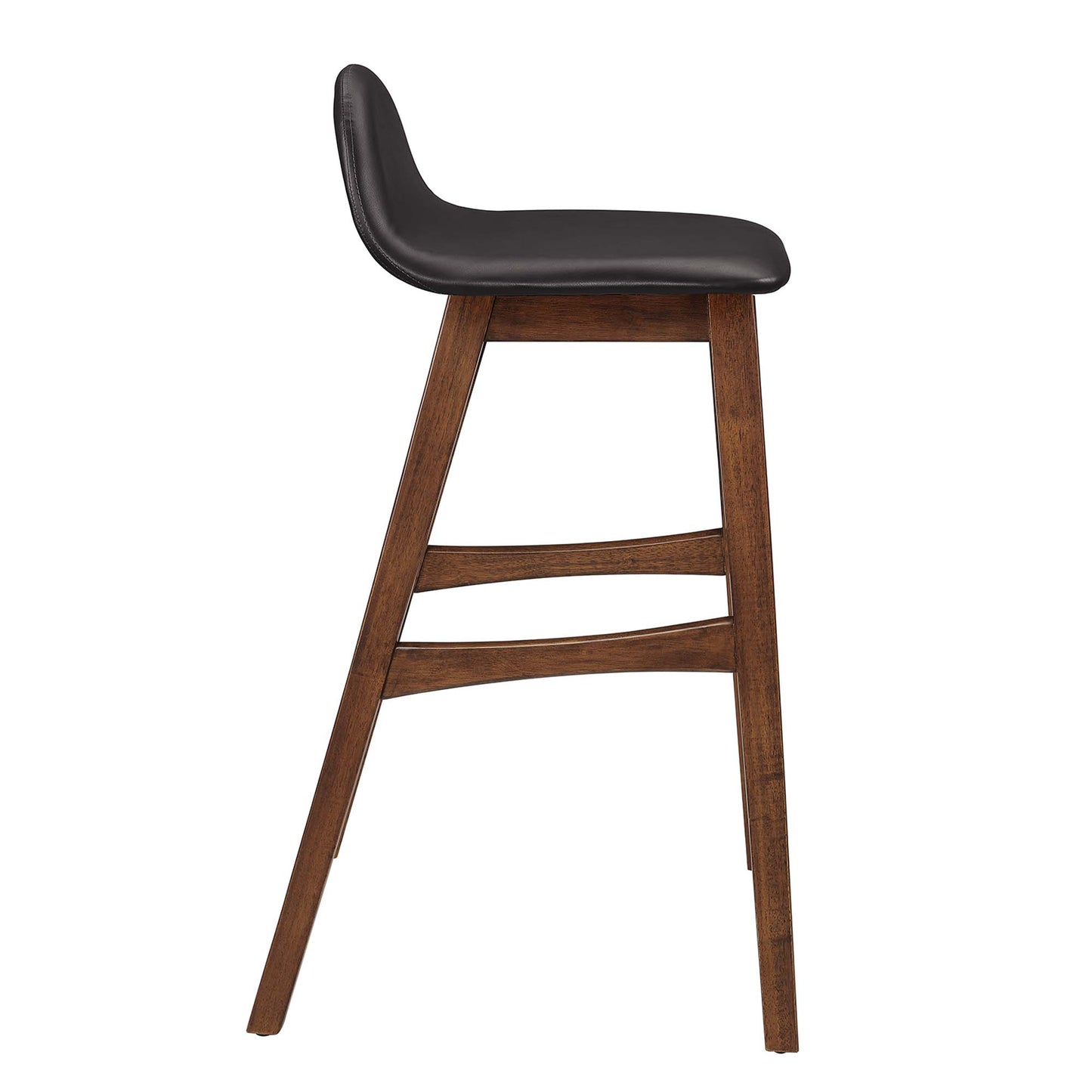 Set of 2 mid-century wooden bar stools with brown leather upholstered seats, curved backs, and angled legs with footrests.