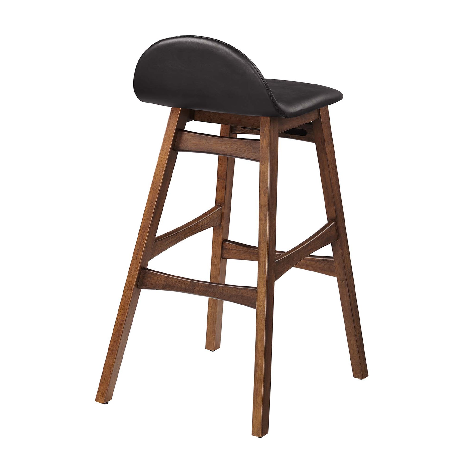 Pair of brown wood bar stools with curved backrests, angled legs and ladder-style footrests.
