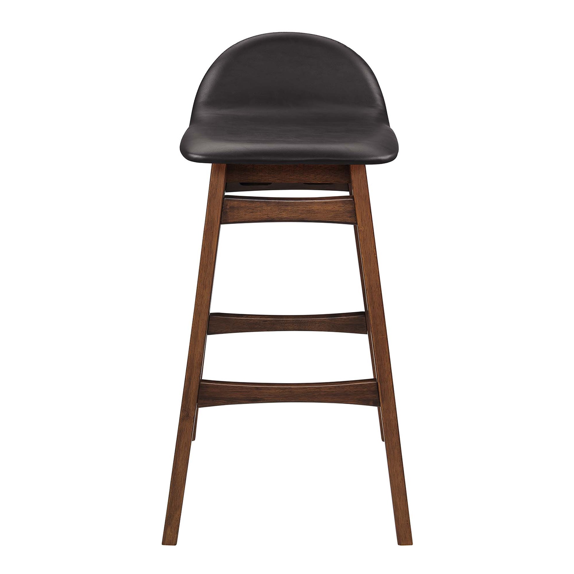Brown wood bar stools with black padded saddle seats, angled legs and ladder footrests; set of 2.
