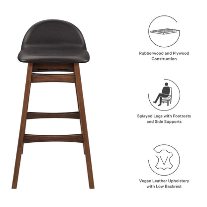 High wood bar stool with brown finish, padded seat and low back, splayed legs and footrests (set of 2)