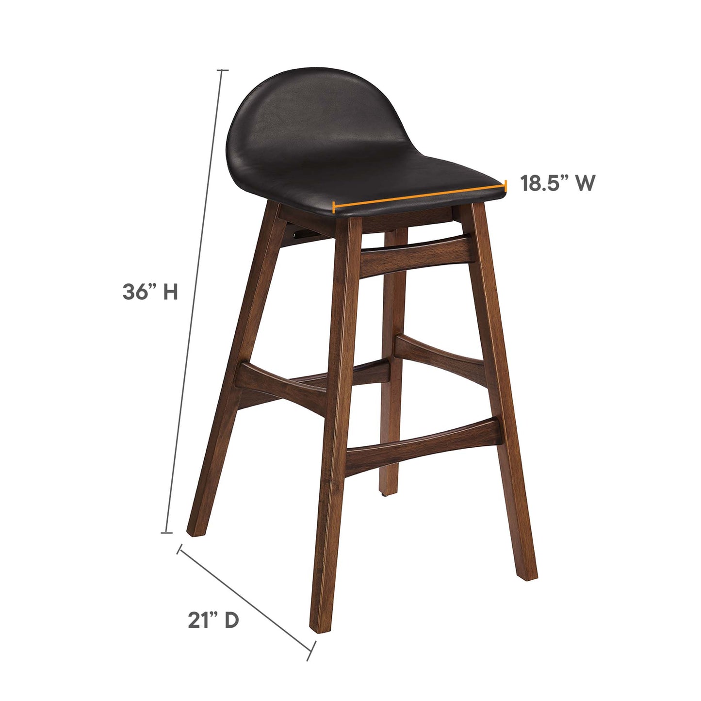 Brown wood bar stools, set of 2, with curved seats and backs, 36"H, 18.5"W x 21"D.