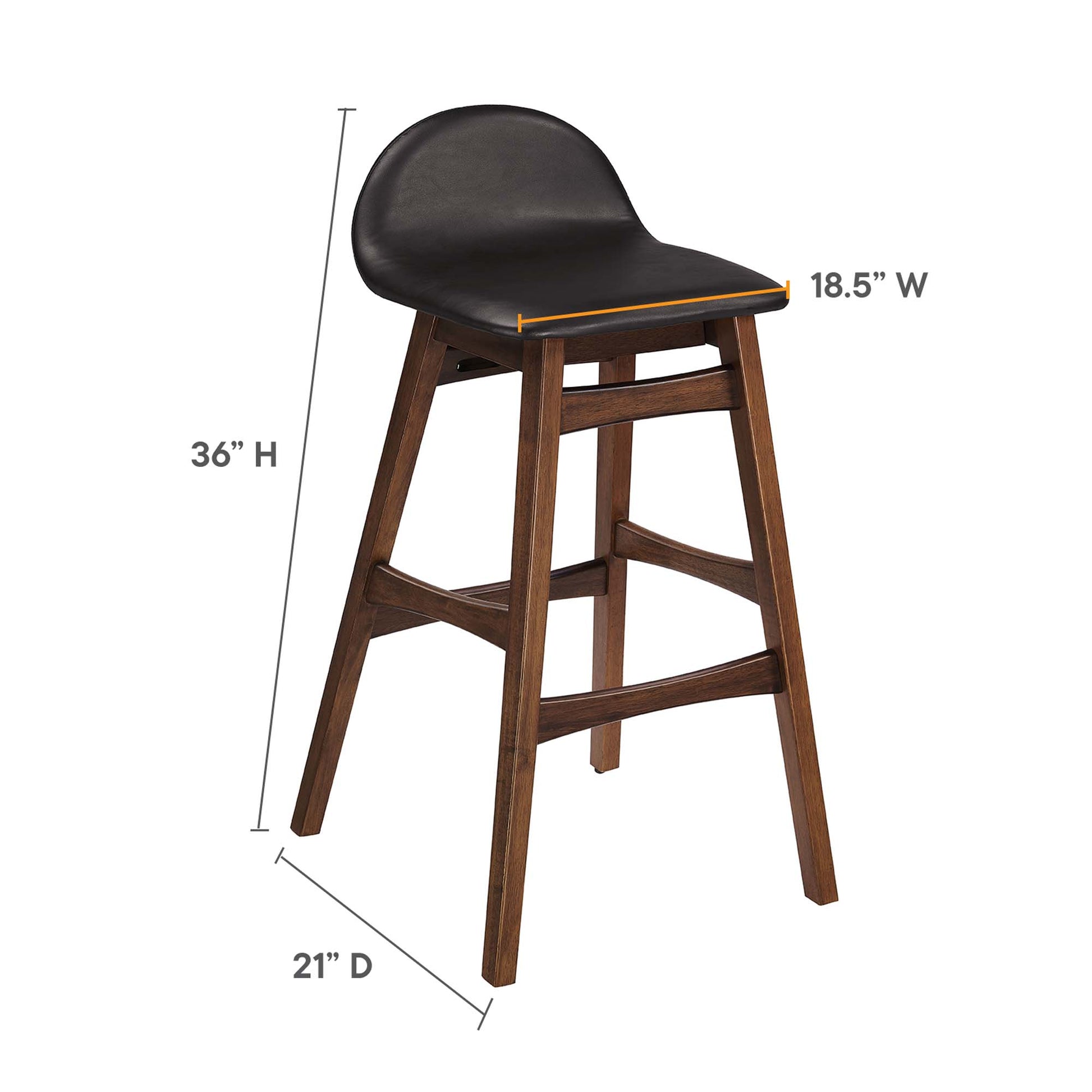 Brown wood bar stools, set of 2, with curved seats and backs, 36"H, 18.5"W x 21"D.