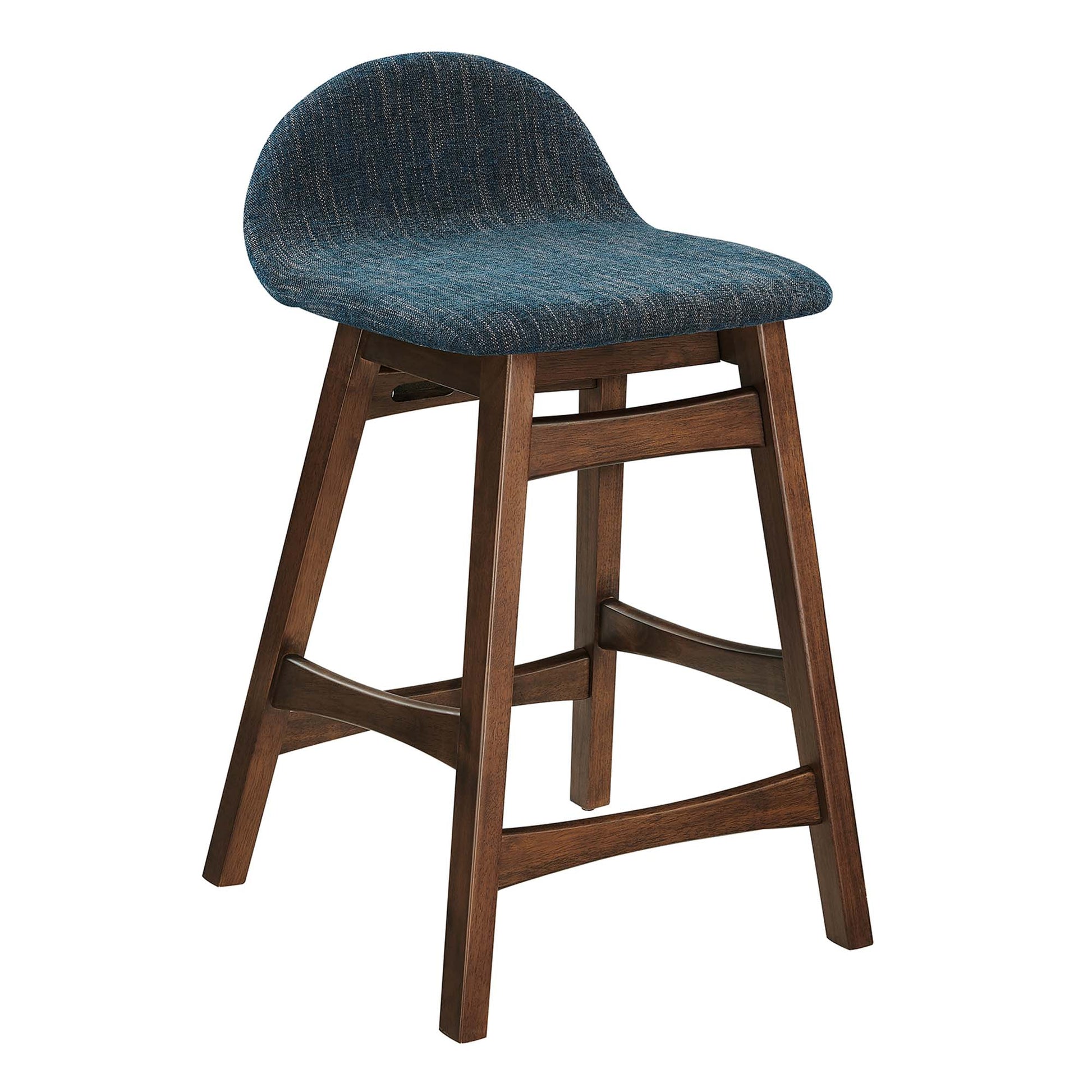 Set of 2 wooden counter stools with brown legs, blue textured upholstered seats and curved backs, and footrests.