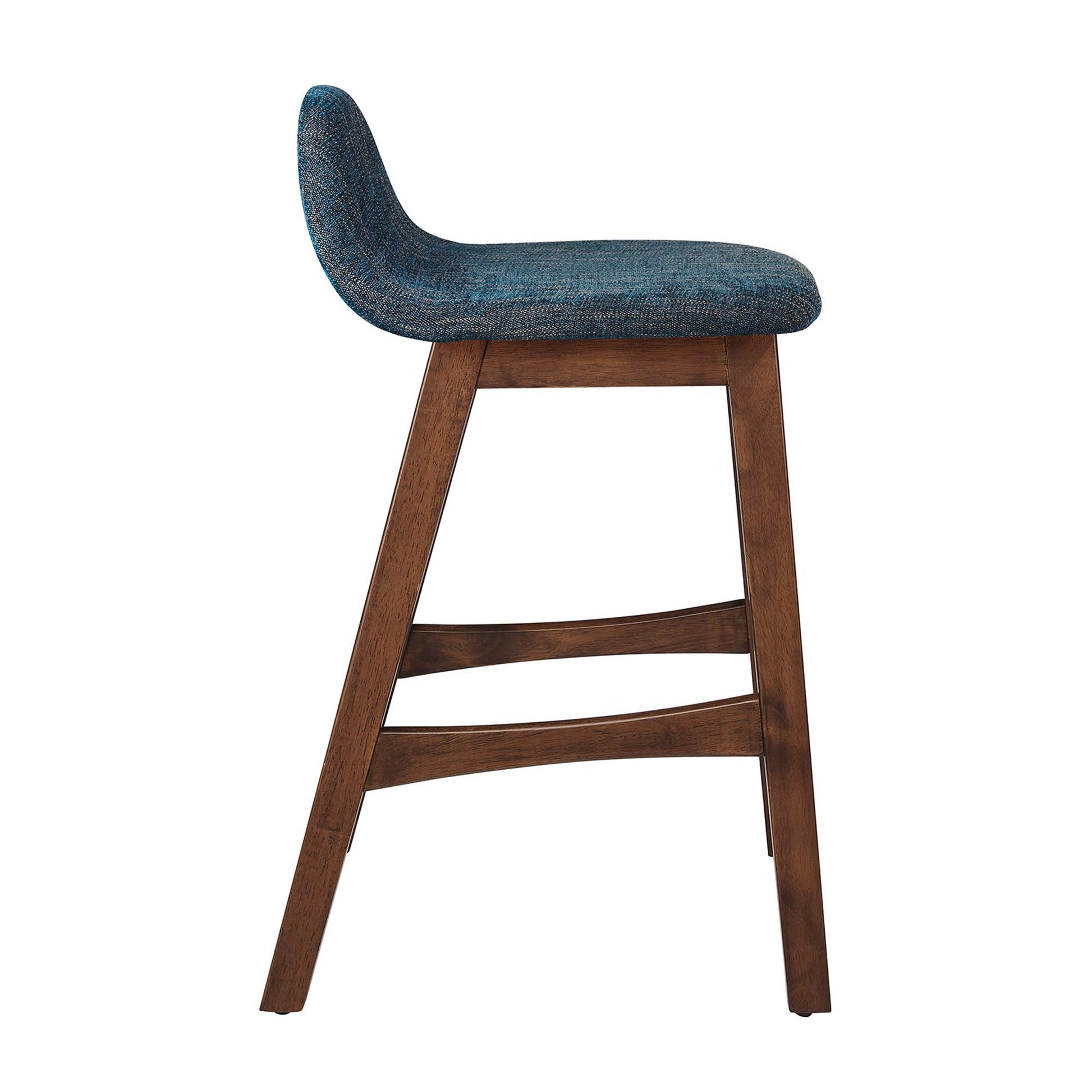 Blue textured upholstered counter stools (set of 2) with curved backs, angled dark wood legs and lower footrests.