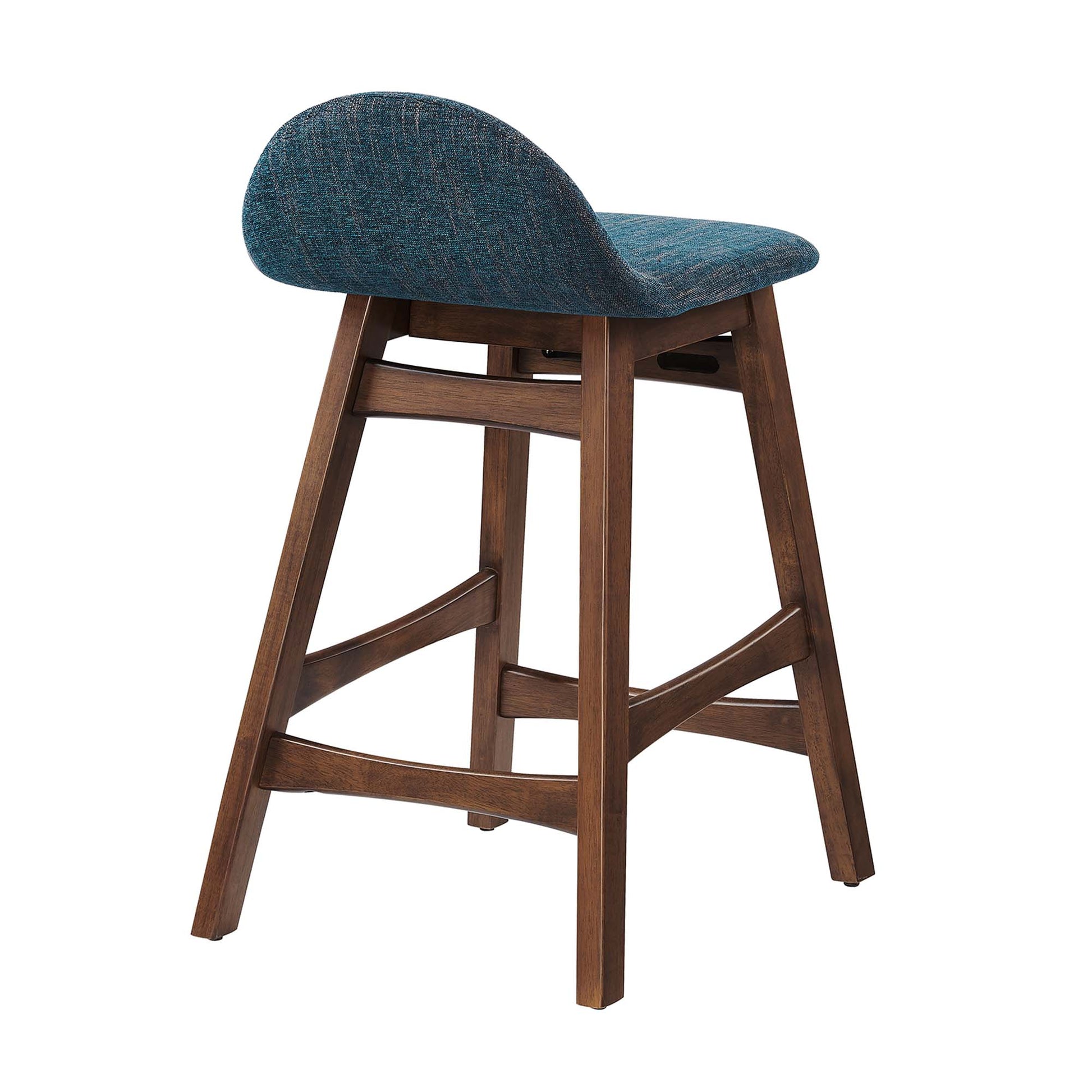 Brown-stained wooden counter stool with angled legs, cross supports, and a blue textured curved upholstered seat.
