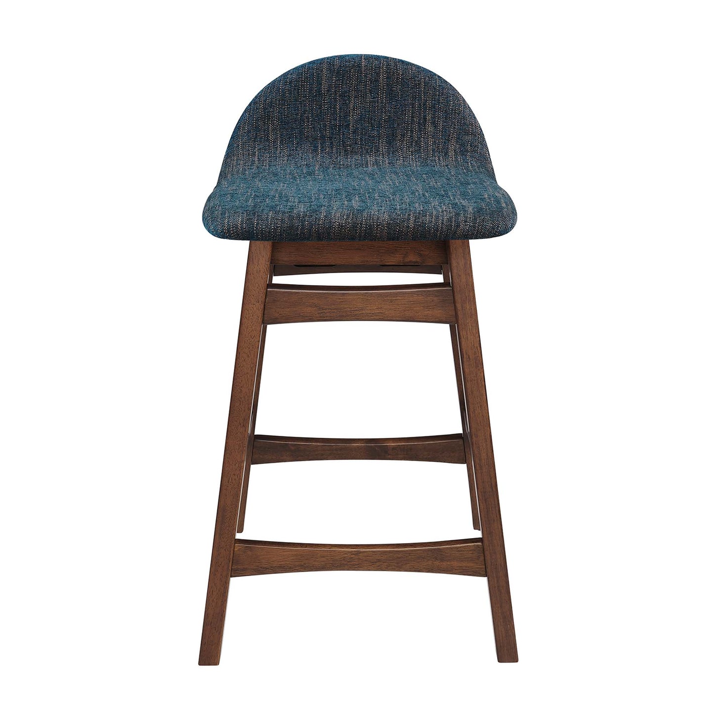 Wooden counter stool with dark brown legs and a blue textured upholstered rounded seat with footrest rails.