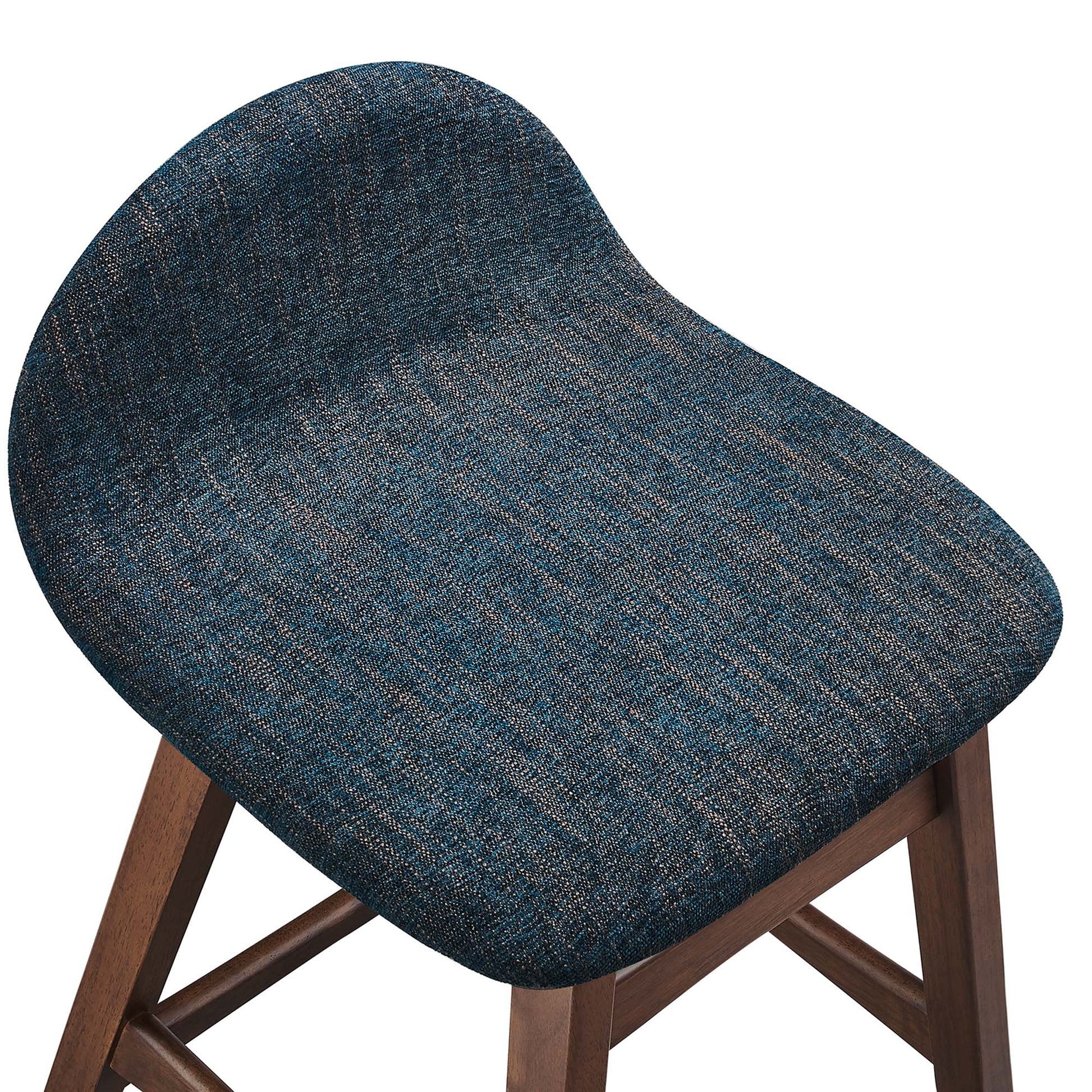 Mid-century inspired counter stools with curved navy blue textured fabric seats & solid wood legs, set of 2.