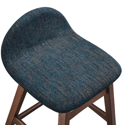 Mid-century inspired counter stools with curved navy blue textured fabric seats & solid wood legs, set of 2.