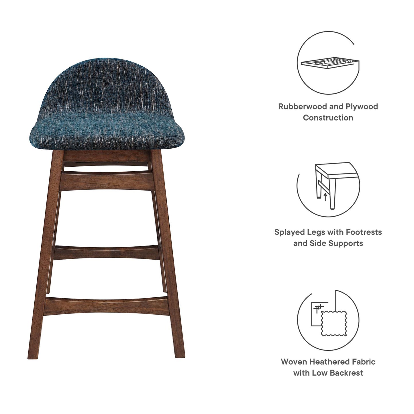 Counter-height wooden bar stool with splayed legs, footrests, and a blue woven upholstered rounded seat with a low backrest.