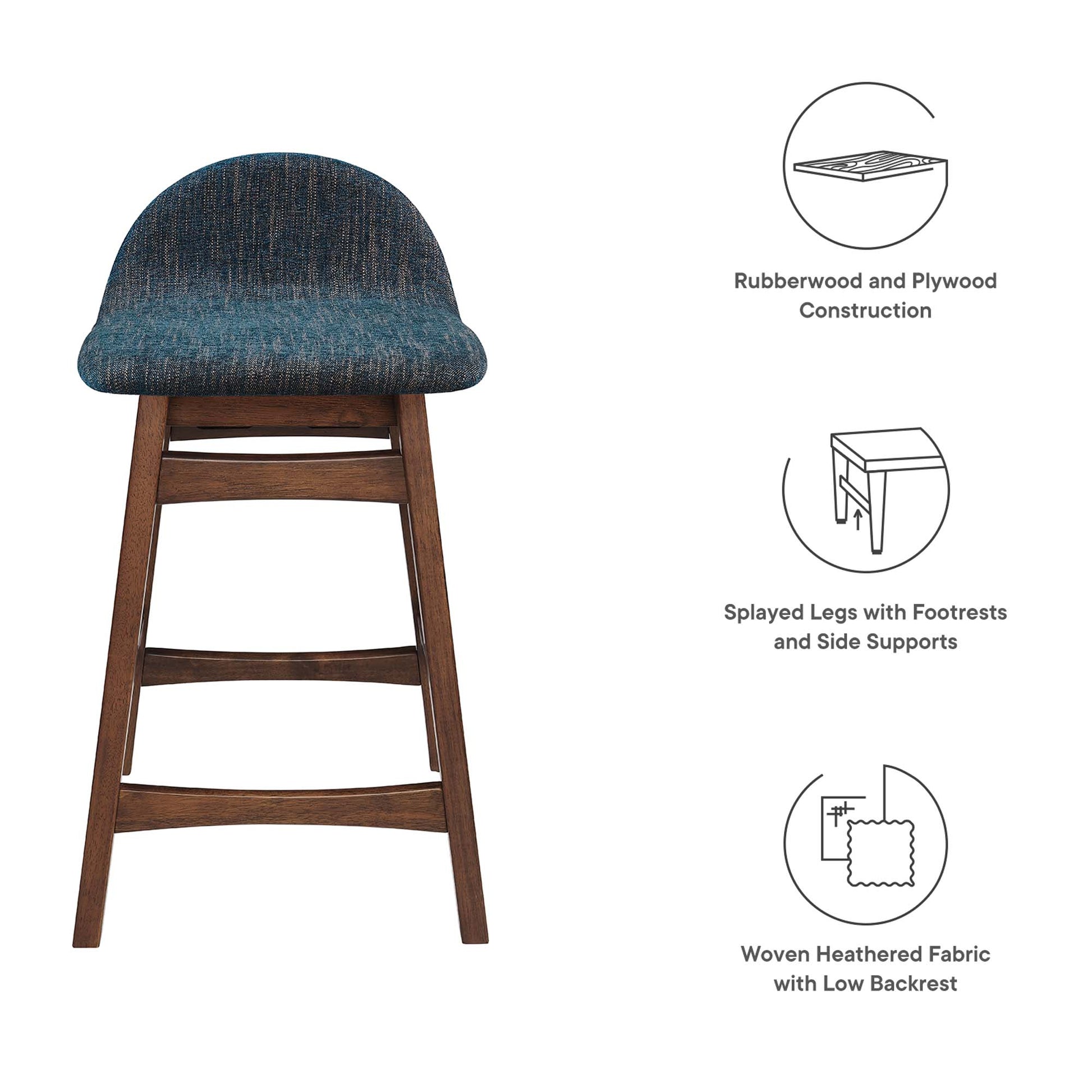 Counter-height wooden bar stool with splayed legs, footrests, and a blue woven upholstered rounded seat with a low backrest.