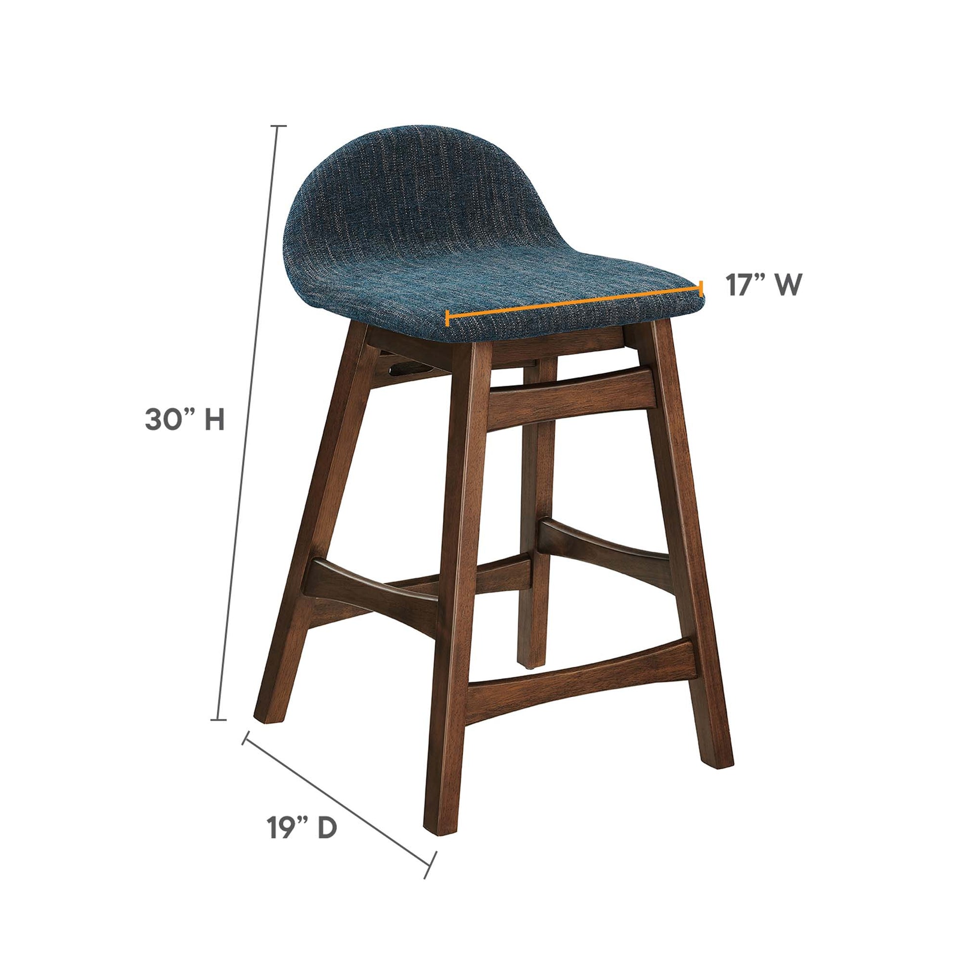 Set of 2 dark wood counter stools with blue upholstered curved seat and back, footrest, 30in high, 17in wide seat.