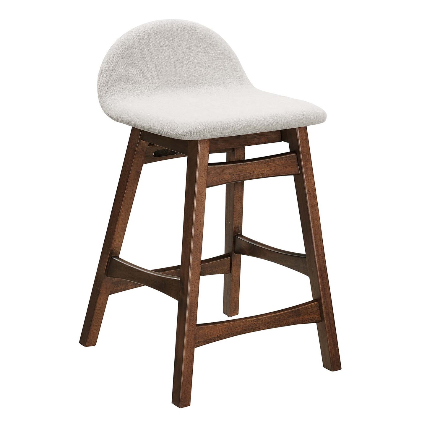 White wood counter stools with curved beige upholstered backs and seats; set of 2.