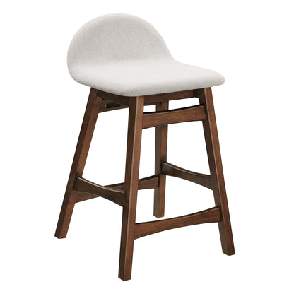White wood counter stools with curved beige upholstered backs and seats; set of 2.