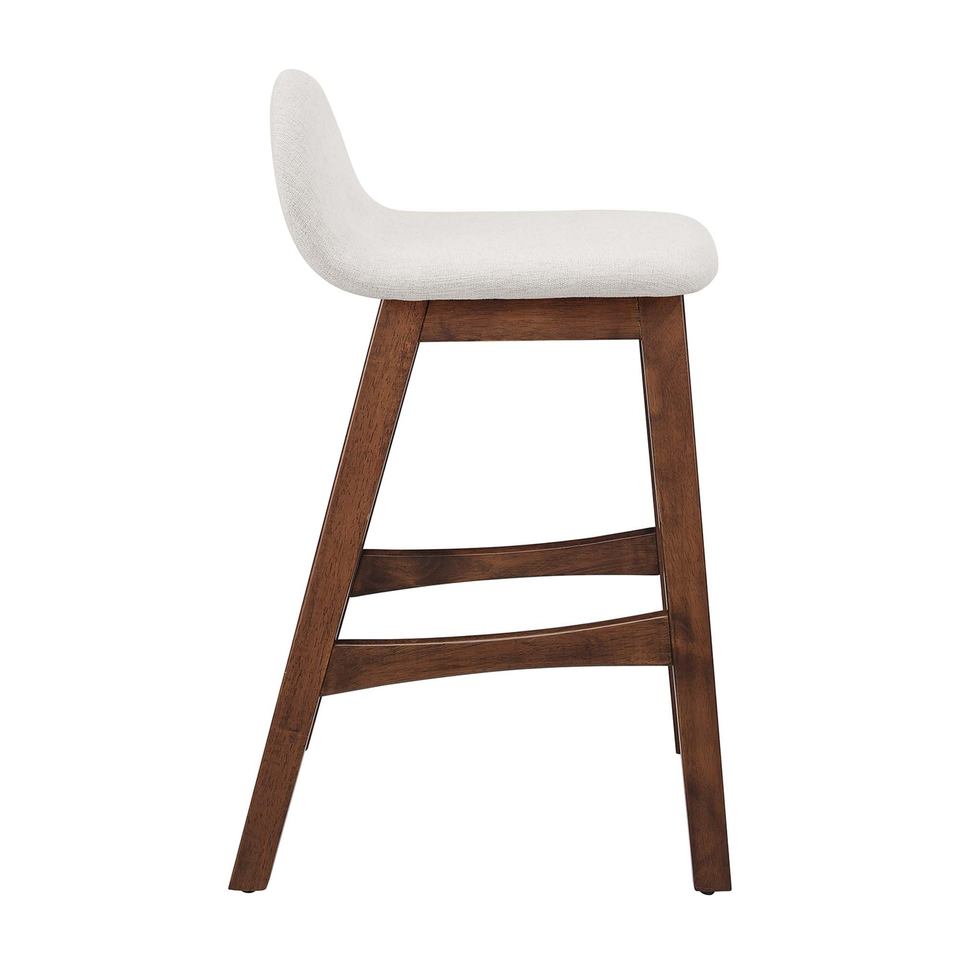 White wood counter stools with curved-back design, angled legs and footrests, set of 2.