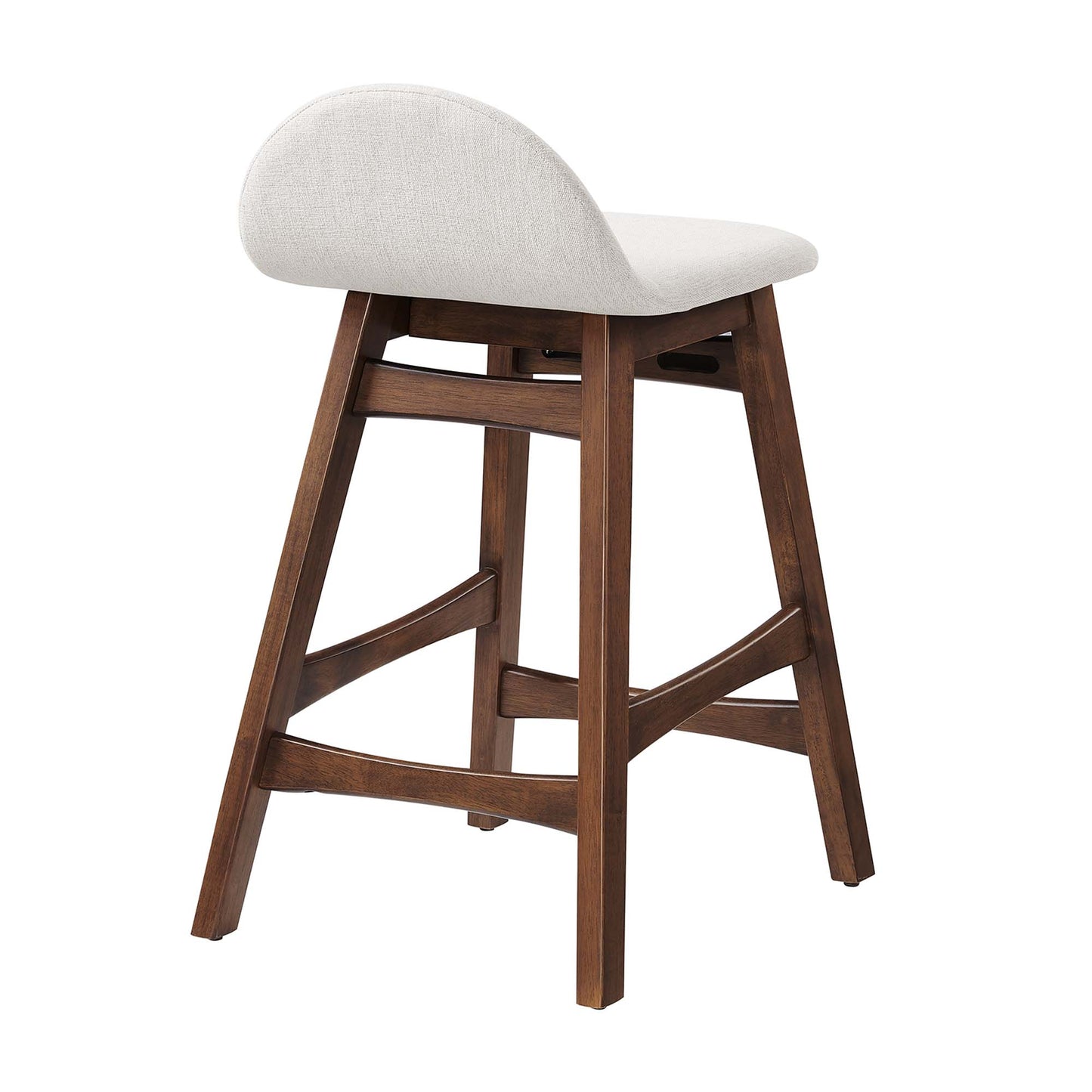 Wood counter stool with curved upholstered backrest & seat in light beige, sturdy frame & footrest; set of 2.