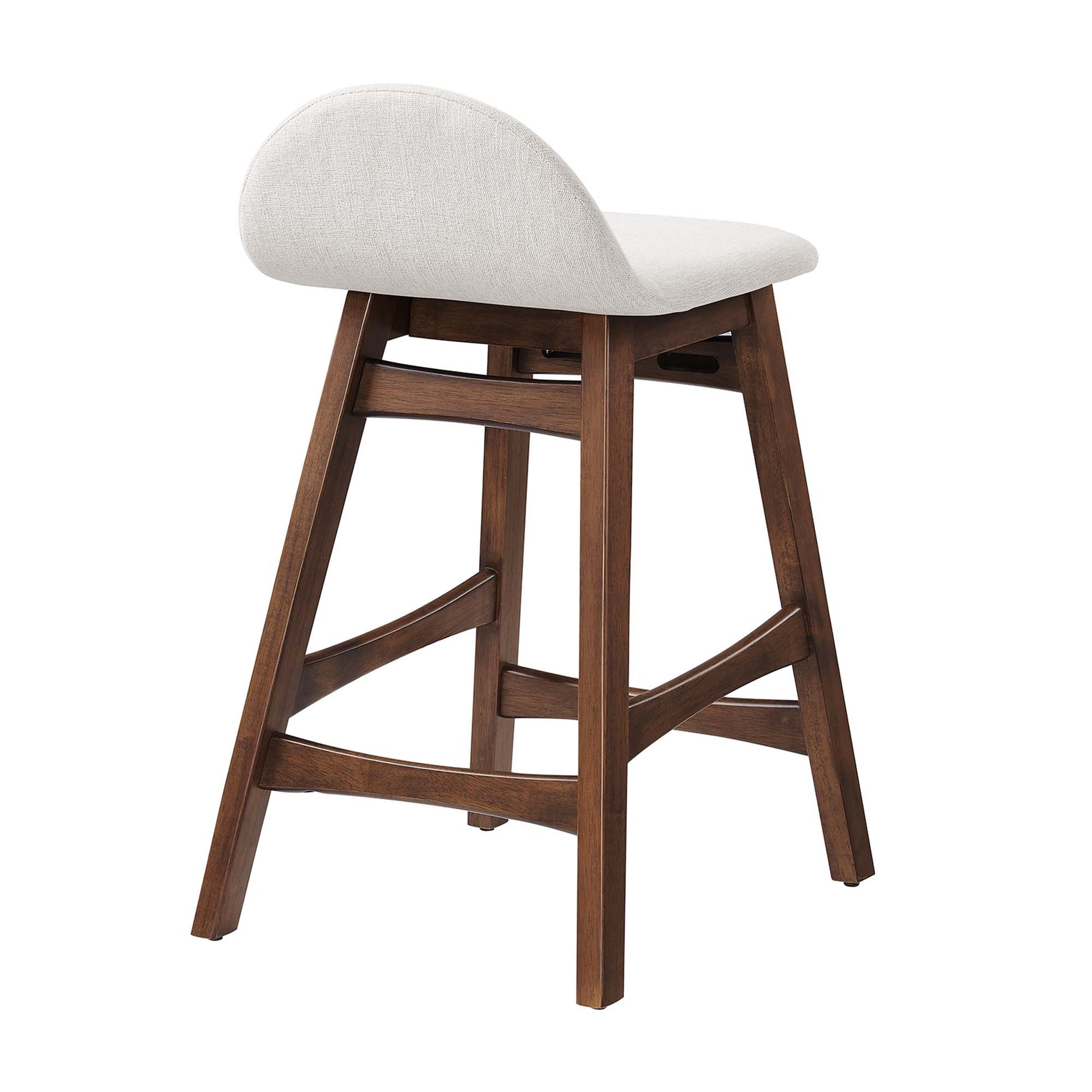 Wood counter stool with curved upholstered backrest & seat in light beige, sturdy frame & footrest; set of 2.