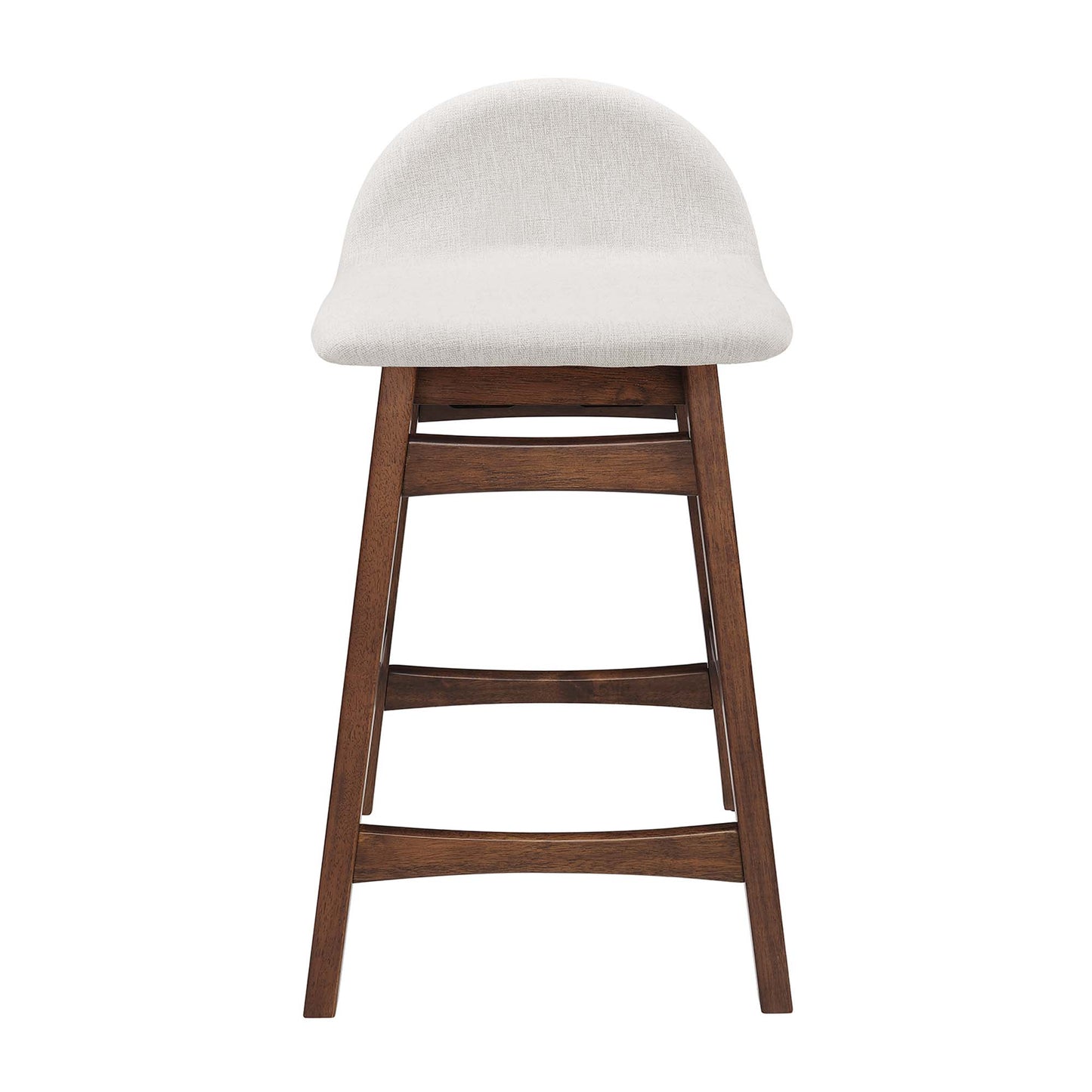 Dark wood counter stool with a rounded cream fabric upholstered seat and multiple footrest rungs (set of 2).