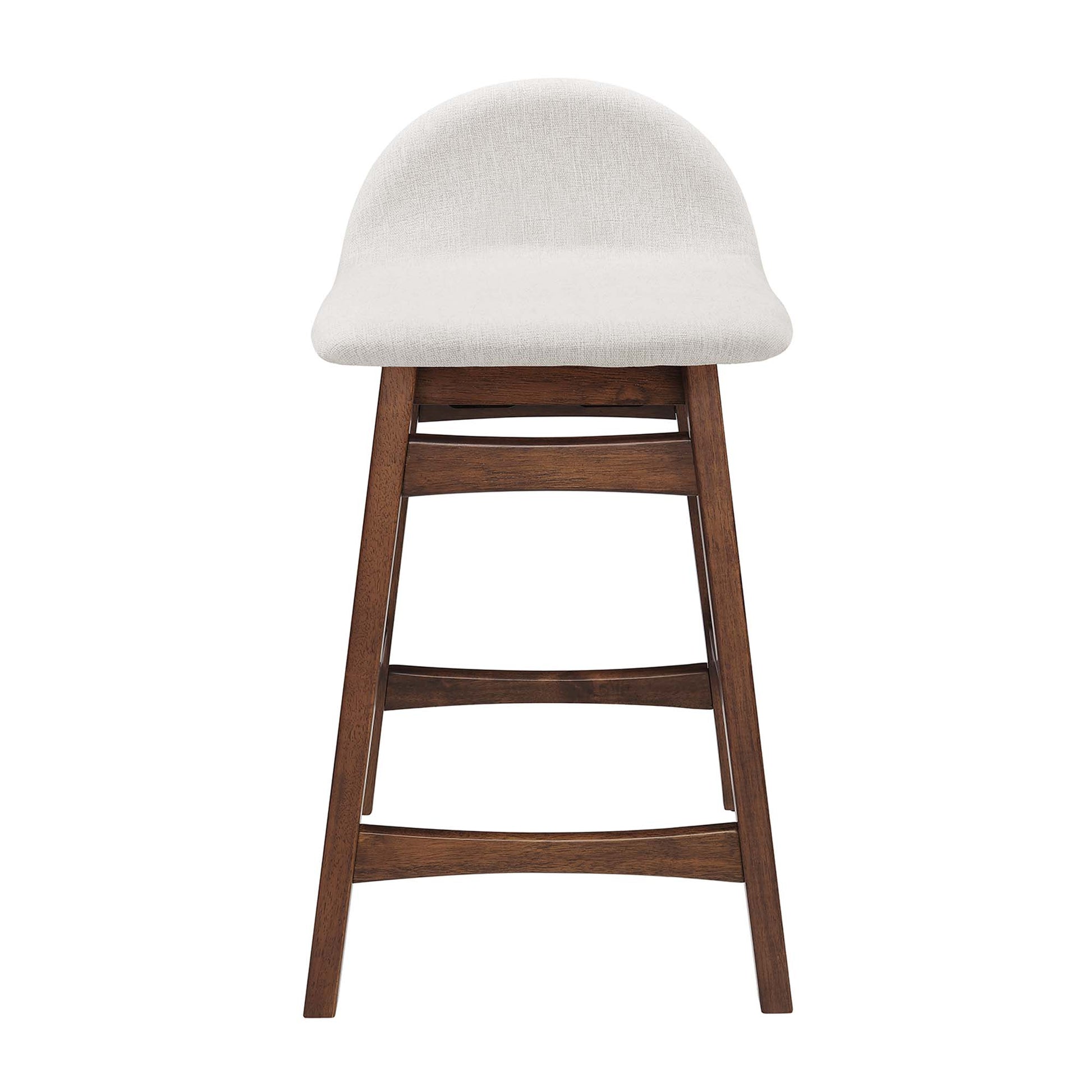 Dark wood counter stool with a rounded cream fabric upholstered seat and multiple footrest rungs (set of 2).