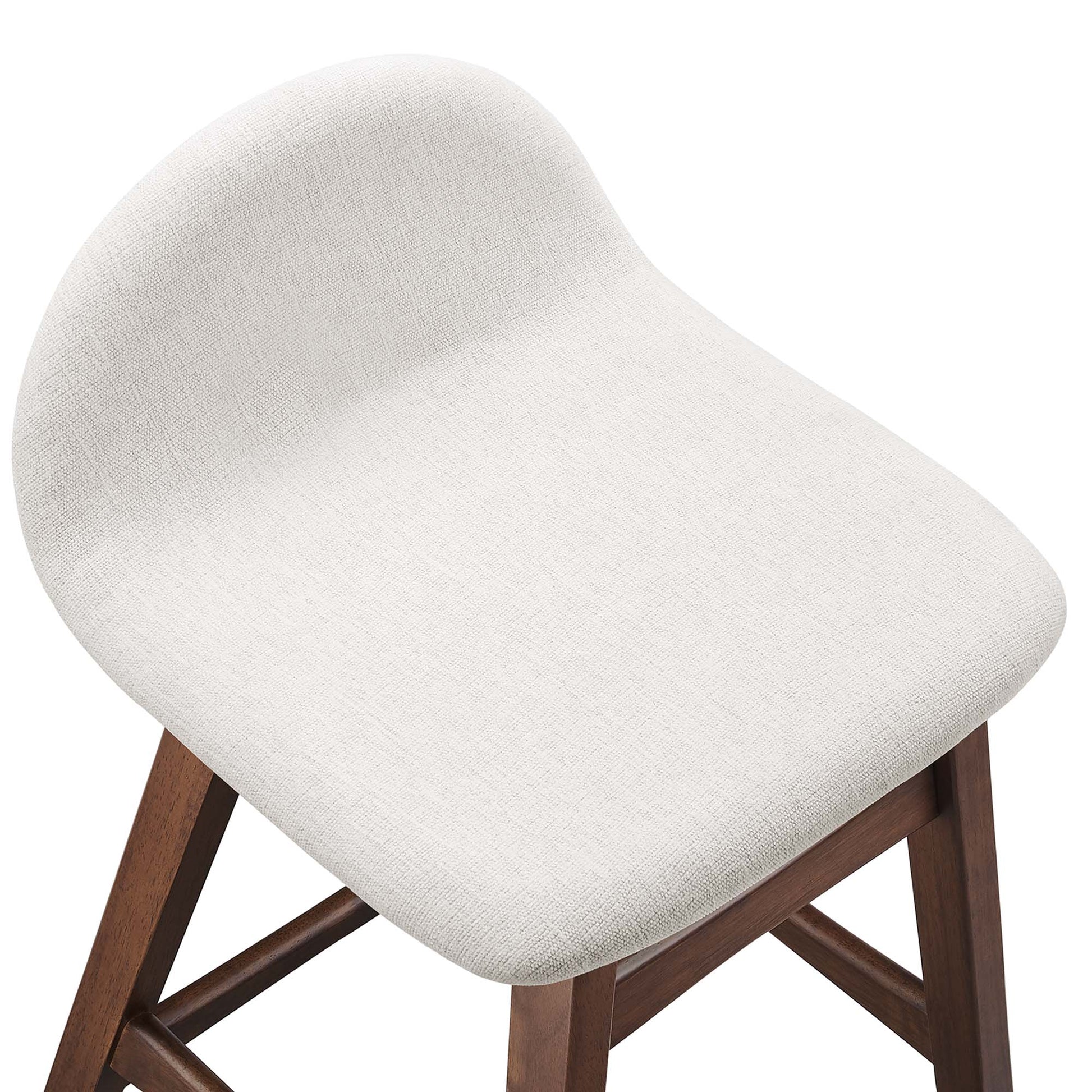 White wood counter stools with curved backs and dark brown legs, set of 2.
